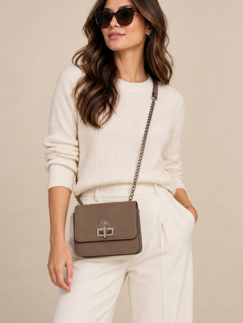 Victorio & Lucchino Brown Taupe Leather Chain Crossbody Bag Turn Lock